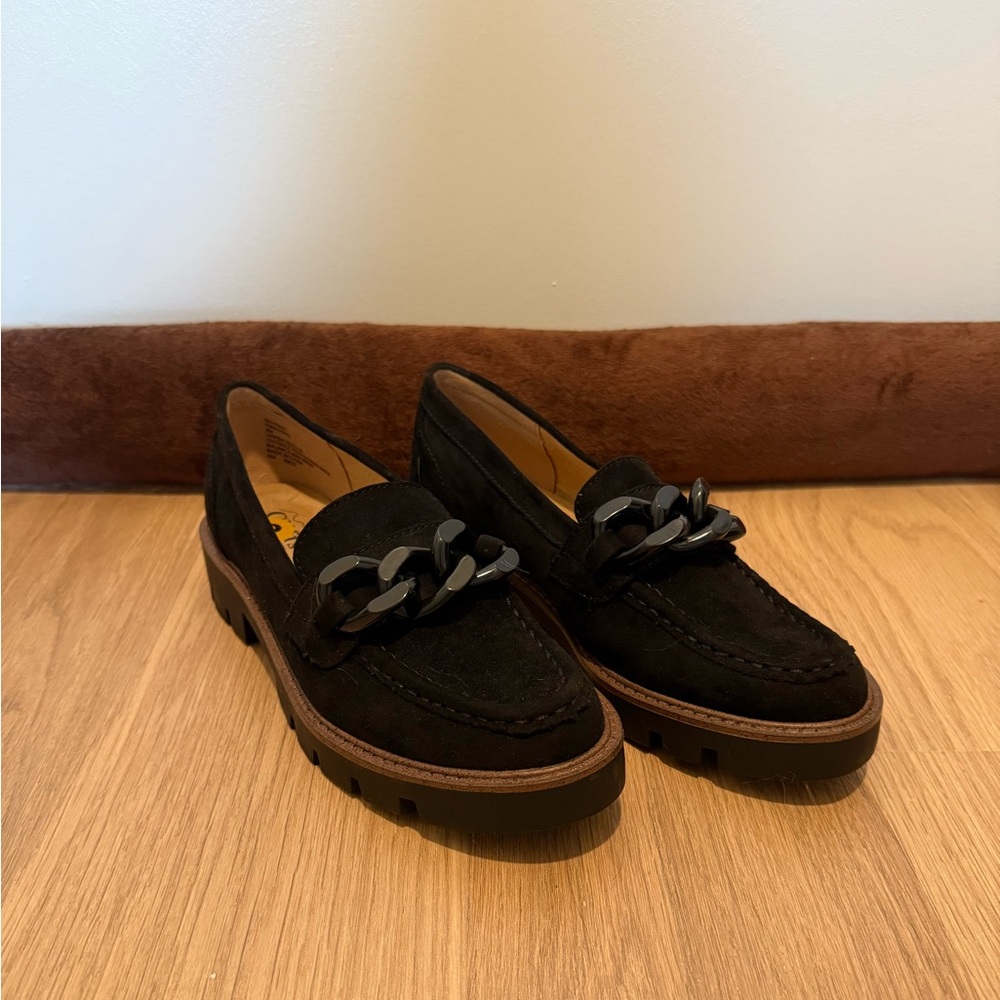 Black Platform Loafers With Black Chain Detail, US Size 8